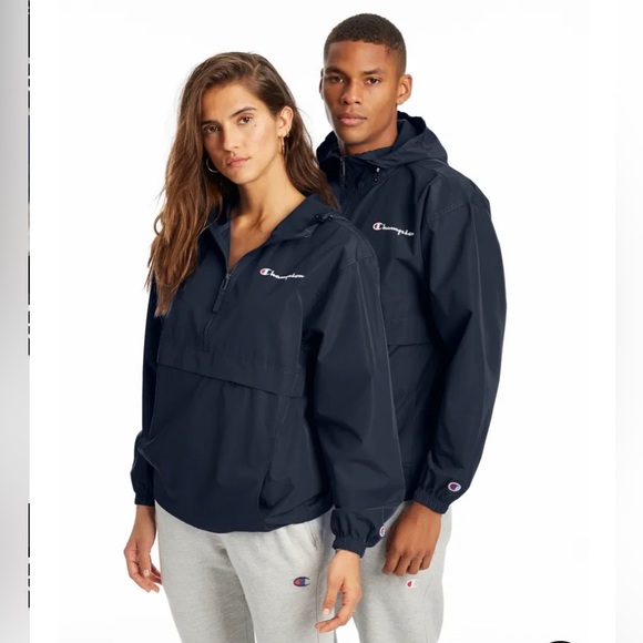 Champion Navy Blue Windbreaker Hoodie Water-Resistant Jacket Anorak X Large - Picture 2 of 3